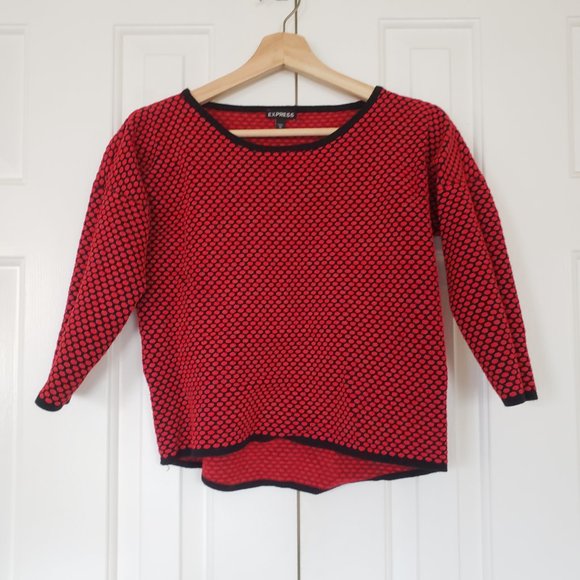 Express Crop 3/4 Sleeve Sweater! Red/Black Polka Dots - Sz M - Picture 4 of 10